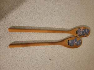 Pair Of Handmade Wooden Spoons Painted Boy Girl Retro